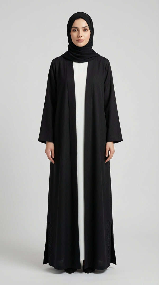 Jet Black Coat-Style Abaya with Lapel Collar