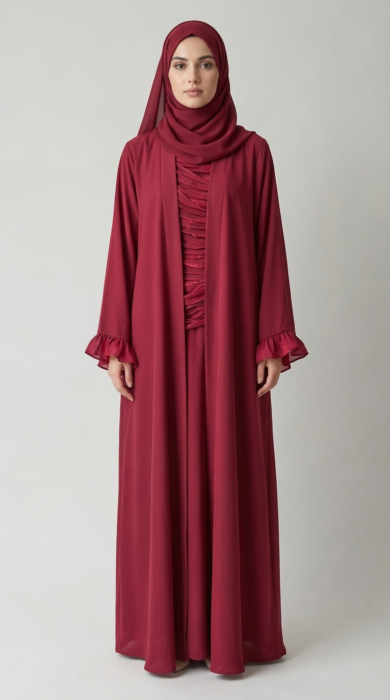 Ruby Red Open-Front Abaya with Ruffled Cuffs