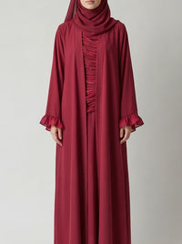 Ruby Red Open-Front Abaya with Ruffled Cuffs