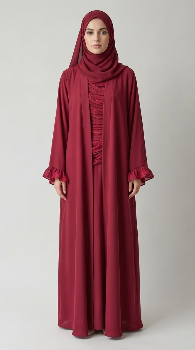 Ruby Red Open-Front Abaya with Ruffled Cuffs