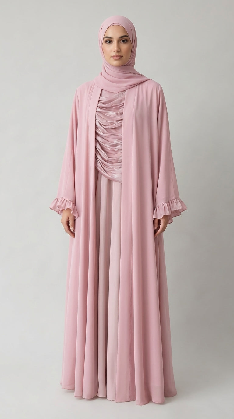 Antique Pink Open-Front Abaya with Ruffled Cuffs