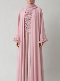 Antique Pink Open-Front Abaya with Ruffled Cuffs