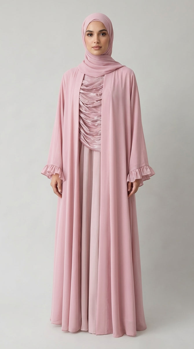 Antique Pink Open-Front Abaya with Ruffled Cuffs