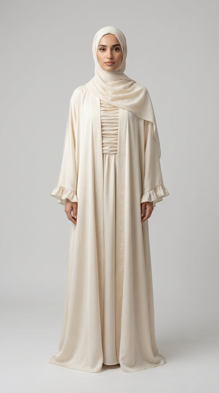 Off-White Open-Front Abaya with Ruffled Cuffs