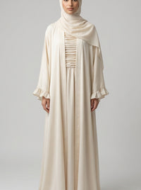Off-White Open-Front Abaya with Ruffled Cuffs