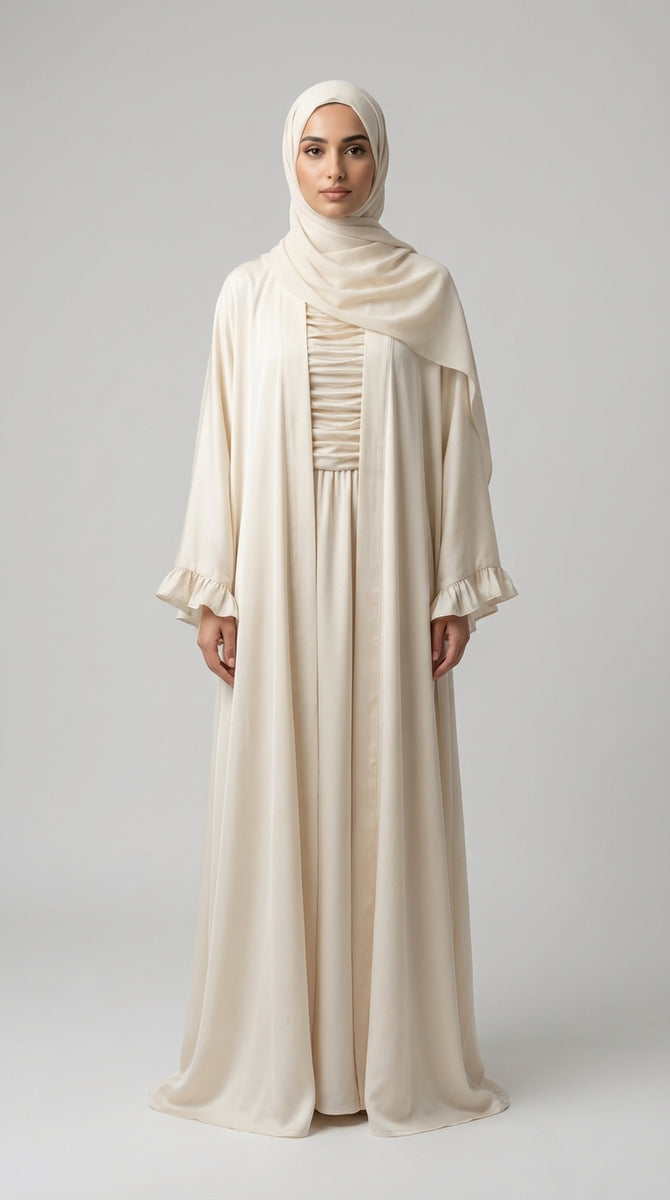 Off-White Open-Front Abaya with Ruffled Cuffs