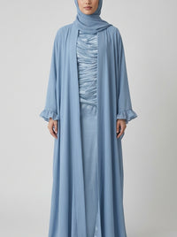 Steel Blue Open-Front Abaya with Ruffled Cuffs
