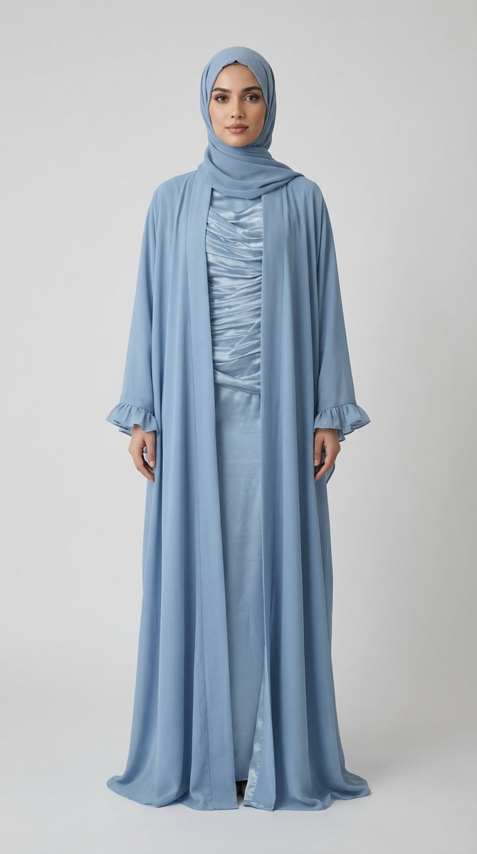 Steel Blue Open-Front Abaya with Ruffled Cuffs