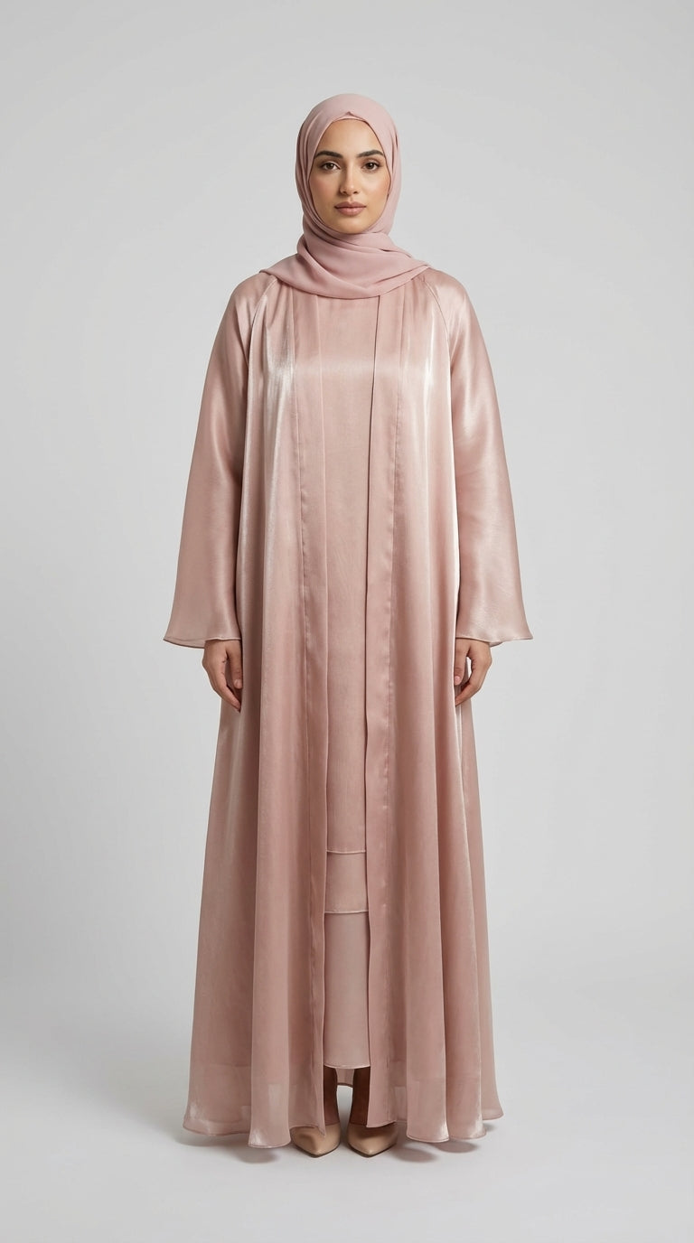 Rose Gold Satin Silk Open Abaya Set