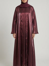 Maroon Metallic Satin Silk Open Abaya Set