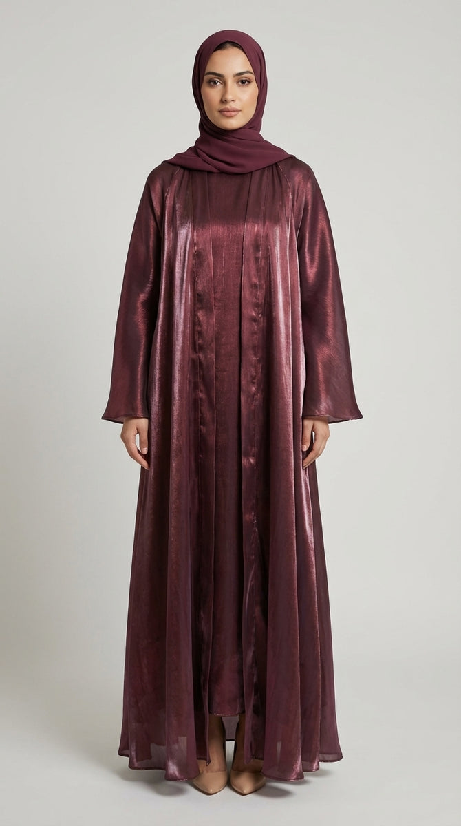 Maroon Metallic Satin Silk Open Abaya Set