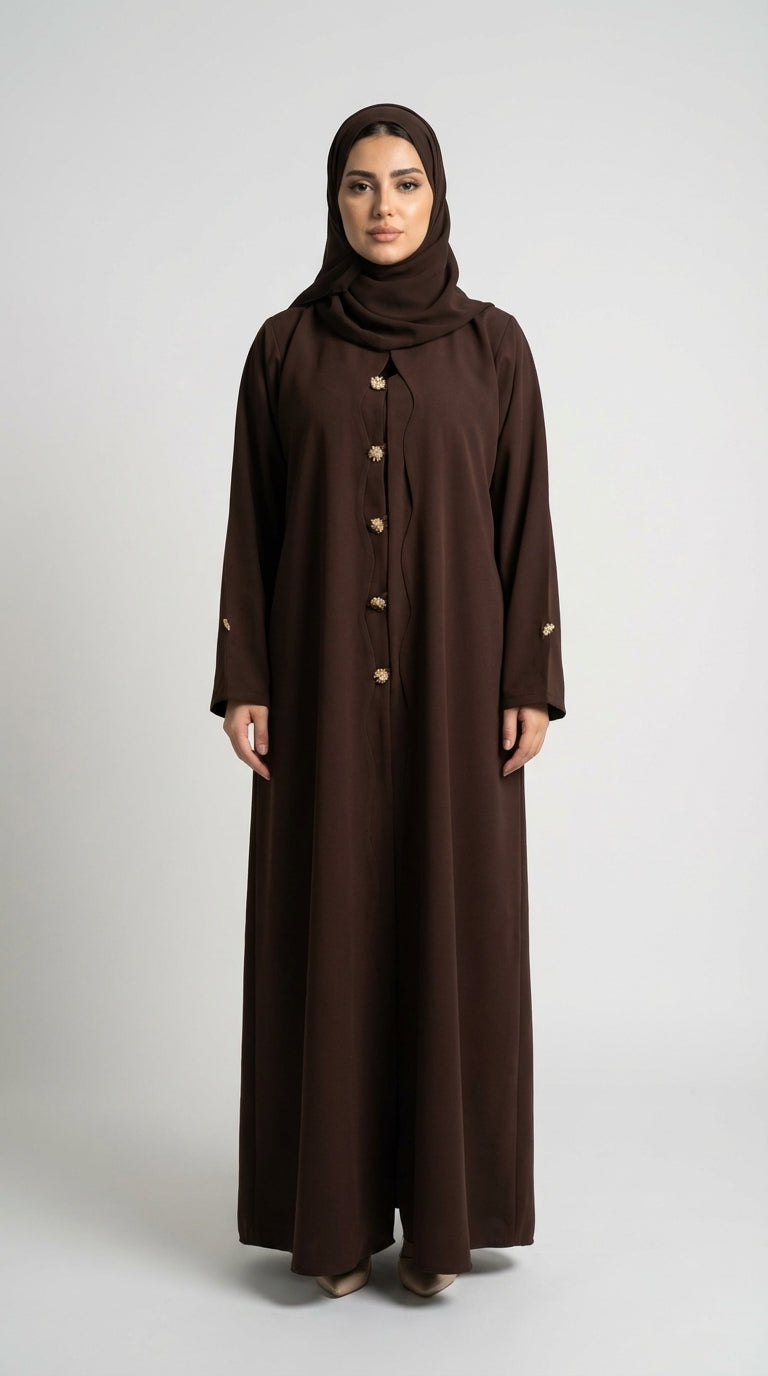 Chocolate Brown Button-Down Closed Abaya with Gold Accents