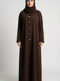 Chocolate Brown Button-Down Closed Abaya with Gold Accents