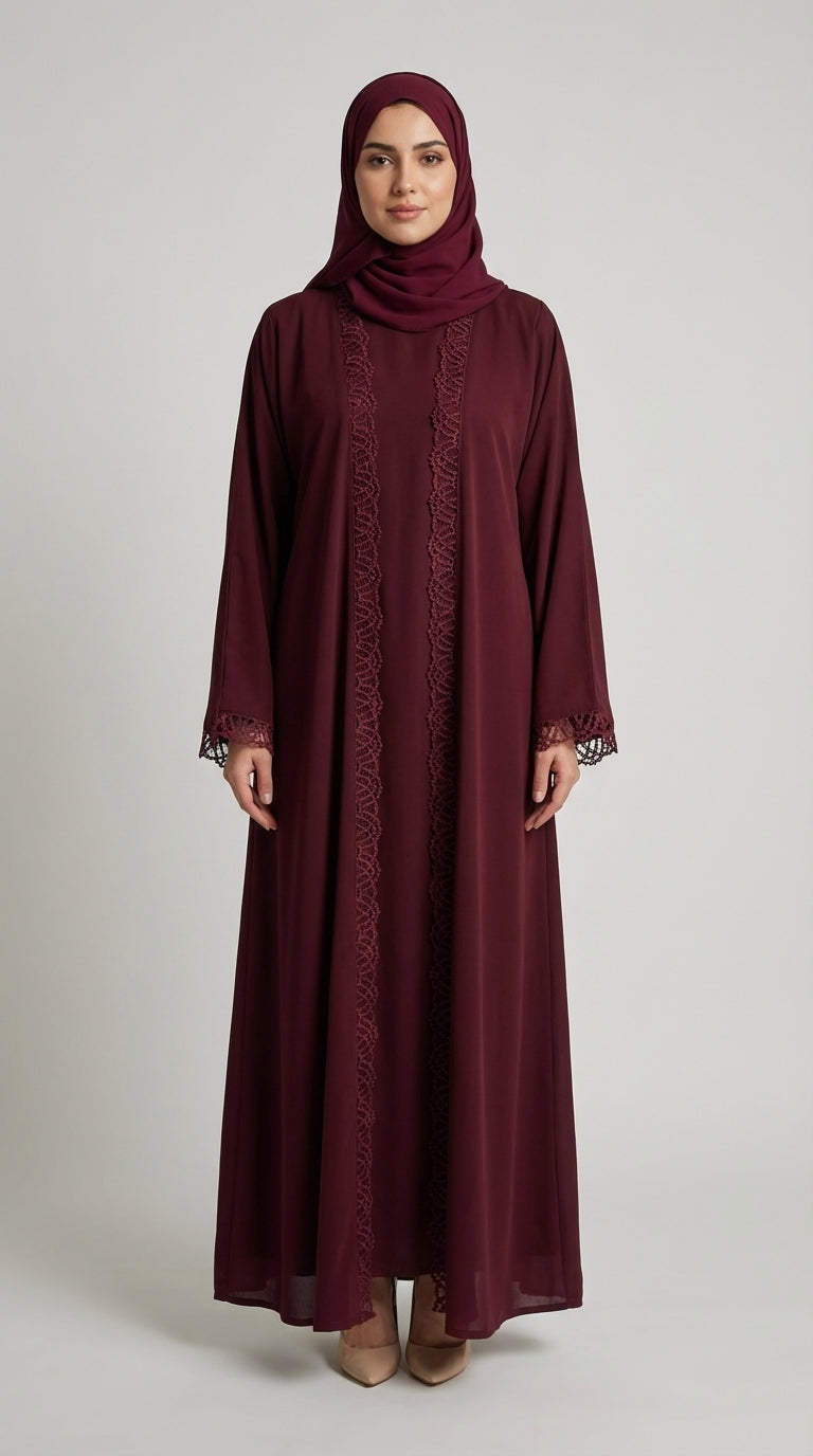 Deep Maroon, Open-Front Abaya with Crochet Lace Trim