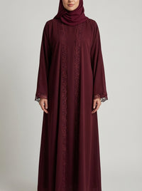 Deep Maroon, Open-Front Abaya with Crochet Lace Trim