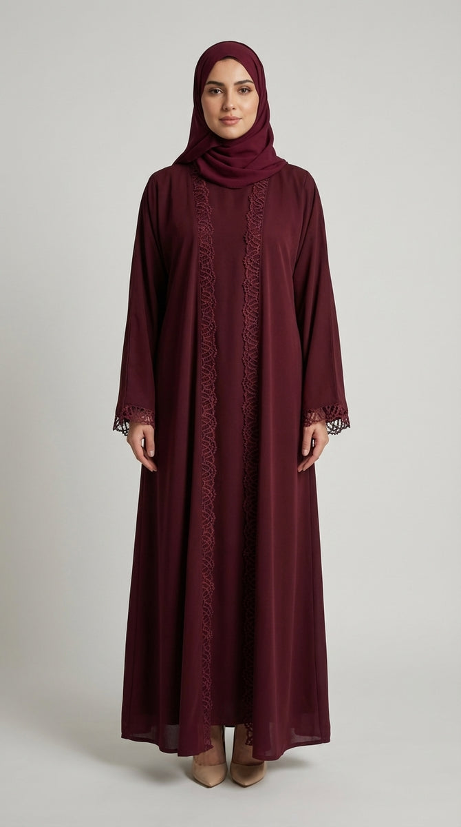 Deep Maroon, Open-Front Abaya with Crochet Lace Trim