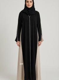 Two-Tone Jet Black, contrasted with Beige or Sand Contrast Panel Abaya with Piping
