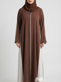 Two-Tone design Chocolate Brown Off-White  Contrast Panel Abaya with Piping