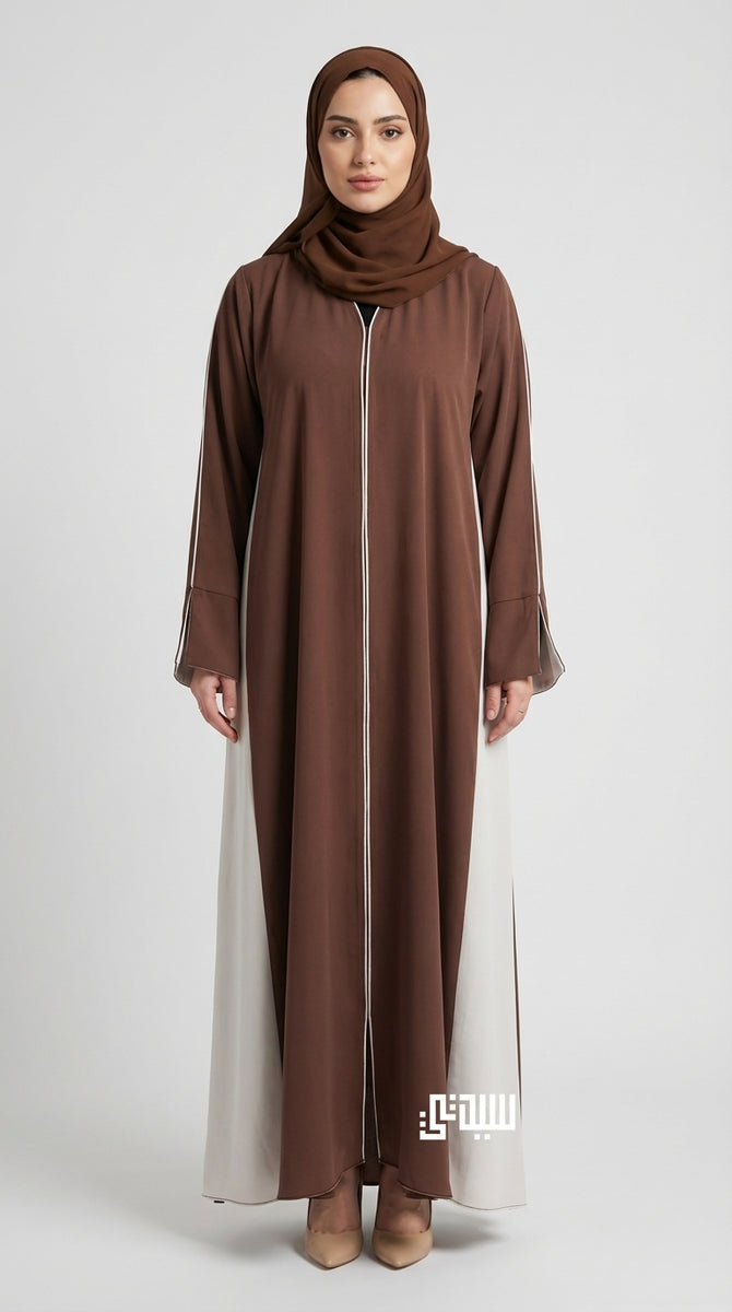 Two-Tone design Chocolate Brown Off-White  Contrast Panel Abaya with Piping