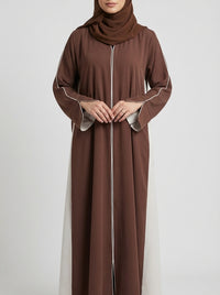 Two-Tone design Chocolate Brown Off-White  Contrast Panel Abaya with Piping