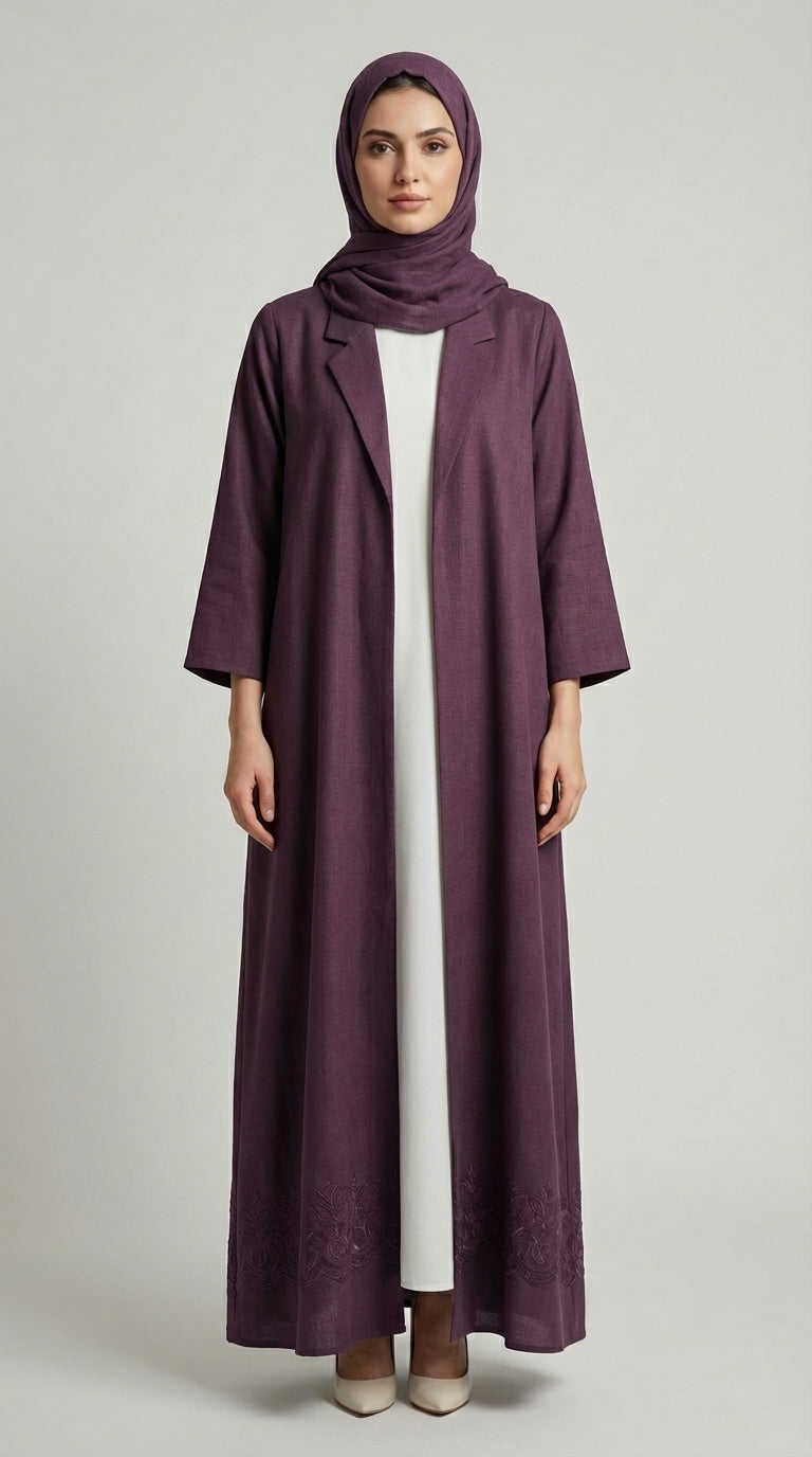 Deep Mauve Coat-Style Abaya with Lapel Collar