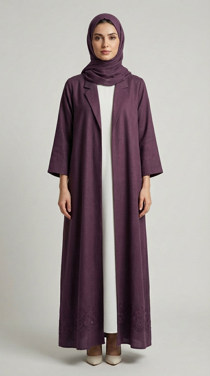Deep Mauve Coat-Style Abaya with Lapel Collar