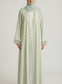 Mint Green Lace-Trimmed Open Front Abaya