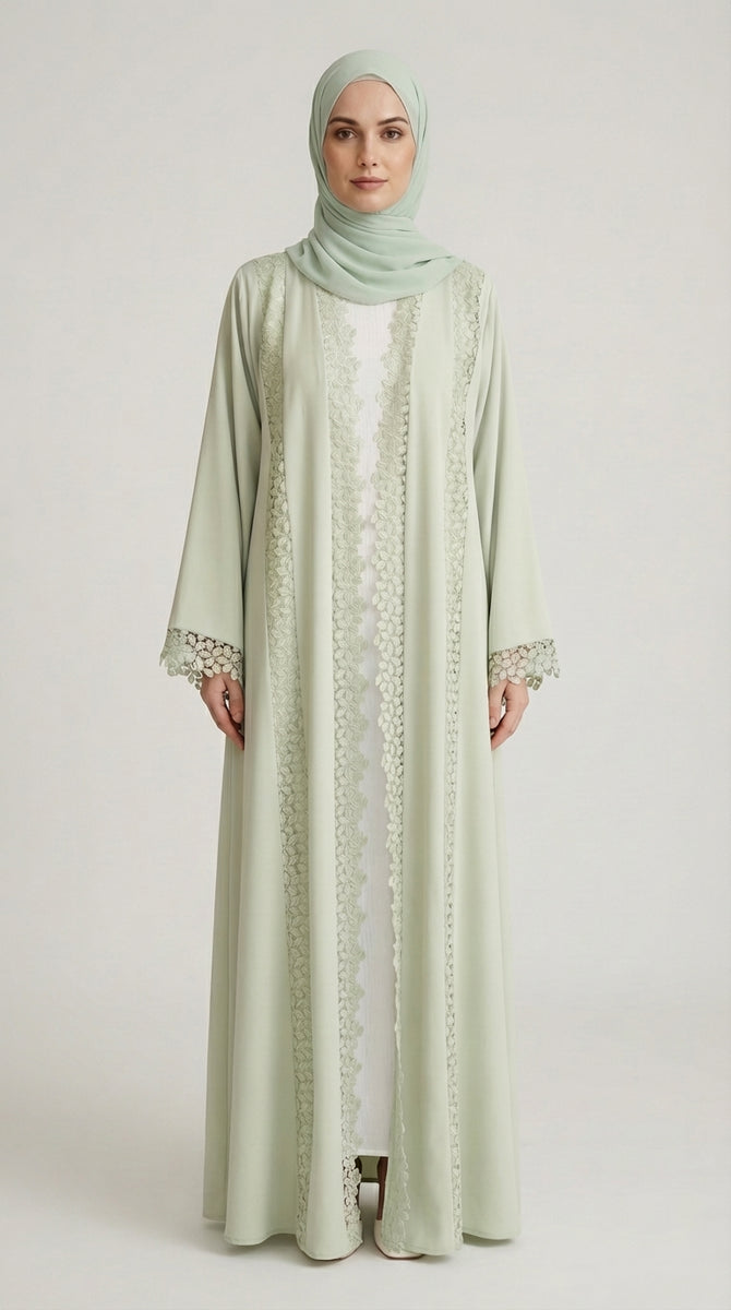 Mint Green Lace-Trimmed Open Front Abaya