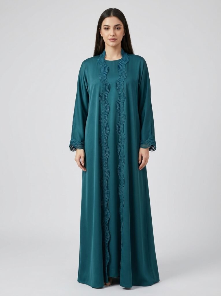 Teal Wavy Crochet Trim Open Front Abaya