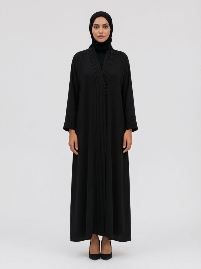 Classic Black Pleated Front Abaya with Button Details