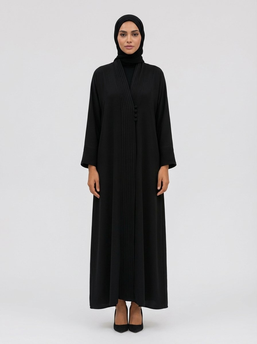 Classic Black Pleated Front Abaya with Button Details