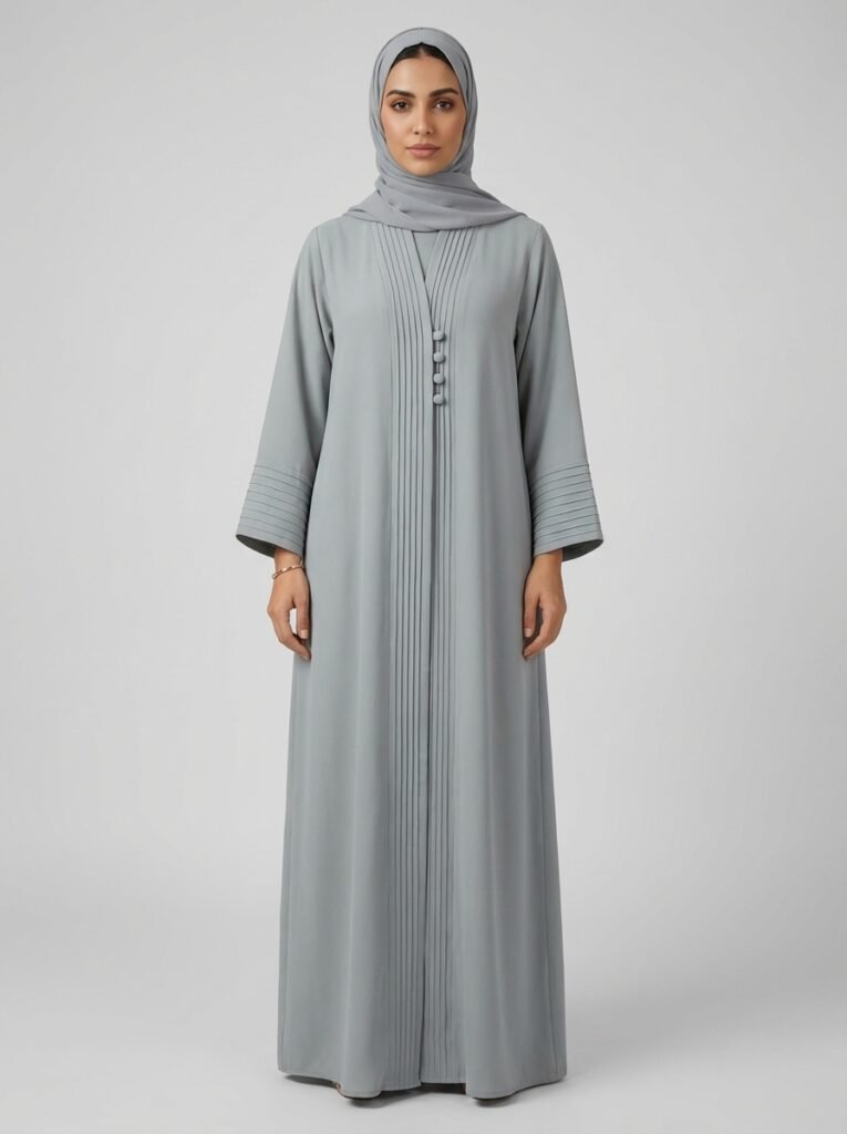 Light Gray Pleated Front Abaya with Button Details
