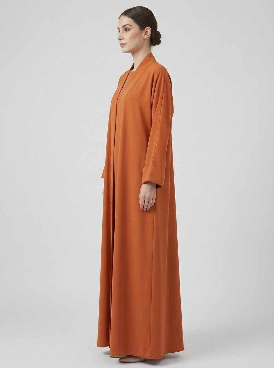 Classic Open Front Abaya Set with Folded Cuffs - Rust Orange - Image 2