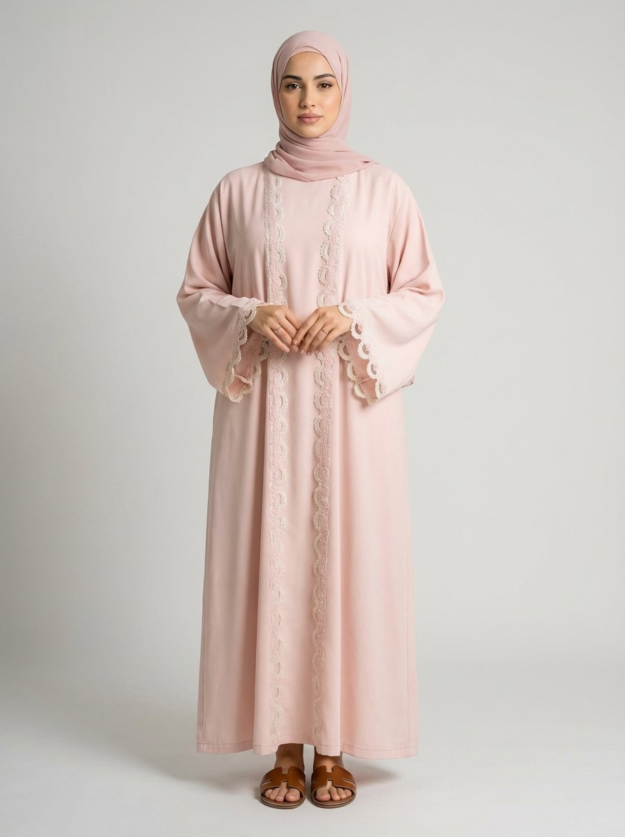 Blush Pink Scalloped Lace Trim Open Front Abaya - Image 8