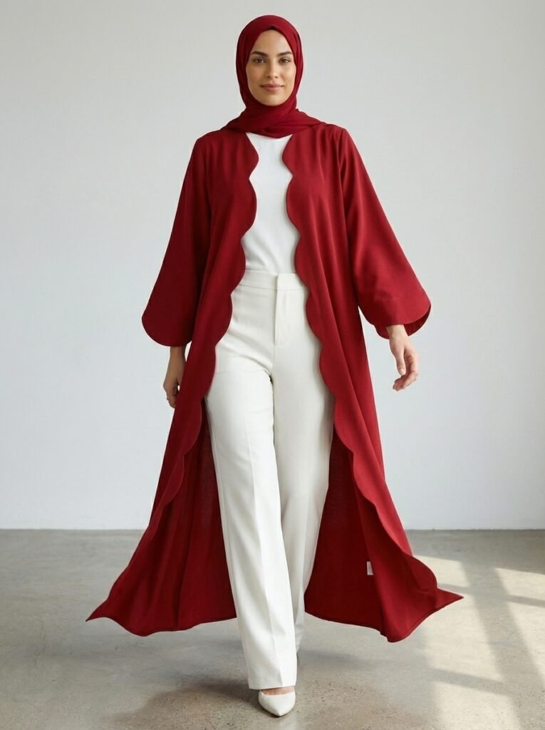 Deep Red Scalloped Edge Open Front Abaya