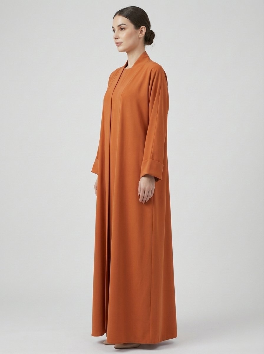 Classic Open Front Abaya Set with Folded Cuffs - Rust Orange - Image 5