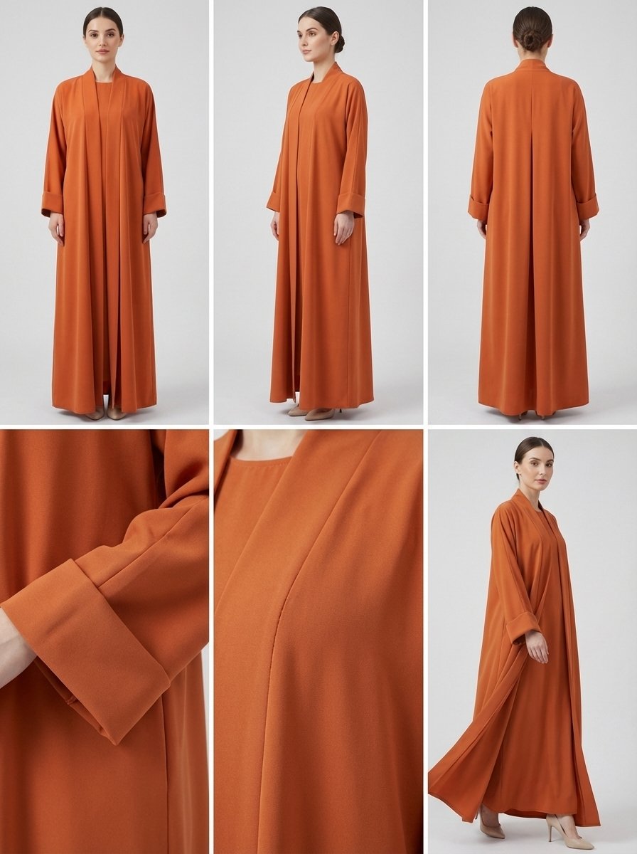 Classic Open Front Abaya Set with Folded Cuffs - Rust Orange - Image 7