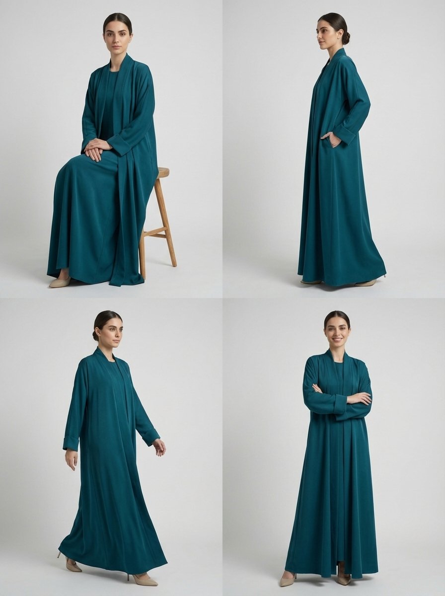 Classic Teal Open Front Abaya Set - Image 2